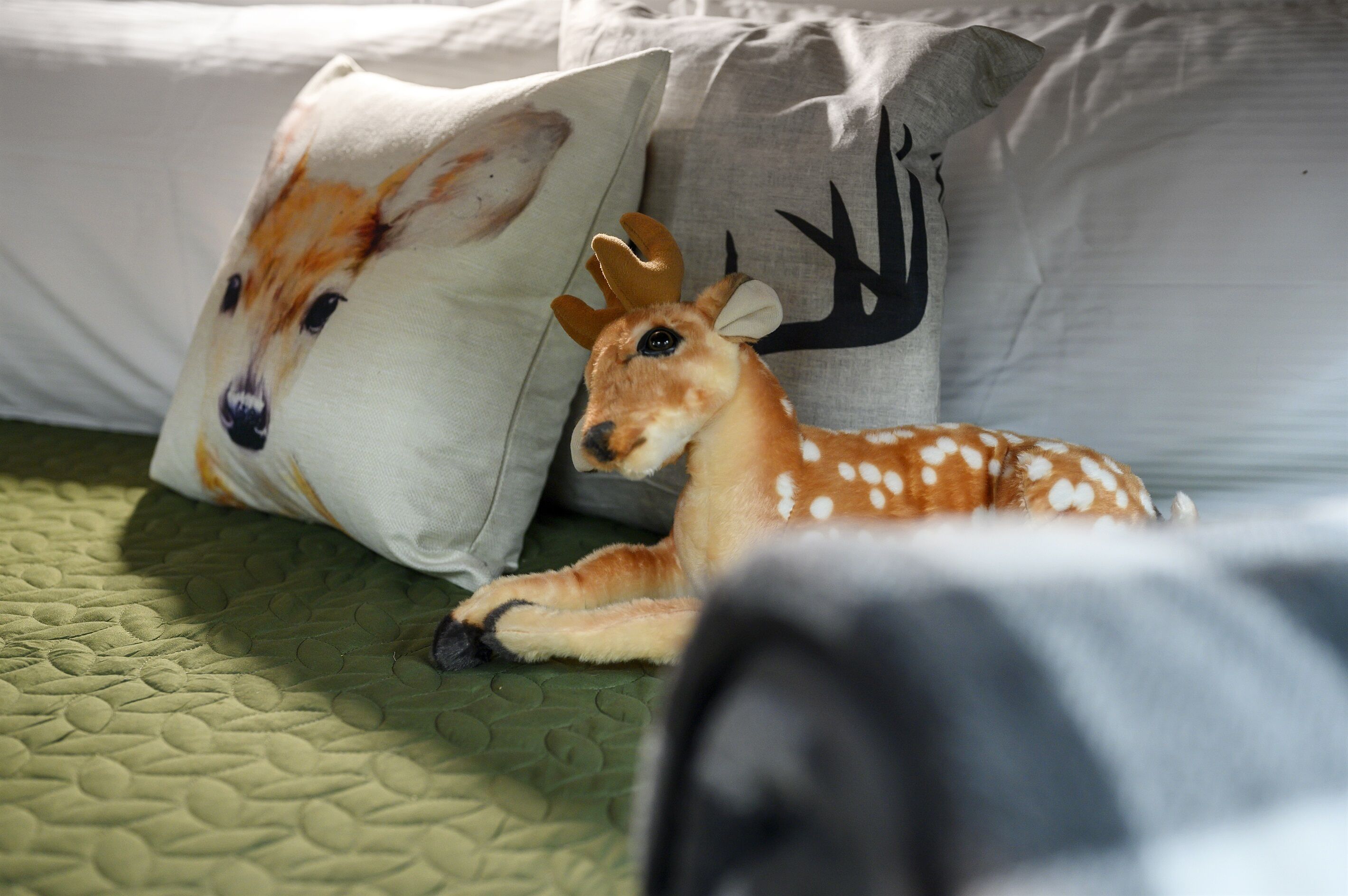Een bed met een groene sprei en twee kussens, waarvan één een hertenprint heeft en de ander een zwart herten silhouet.