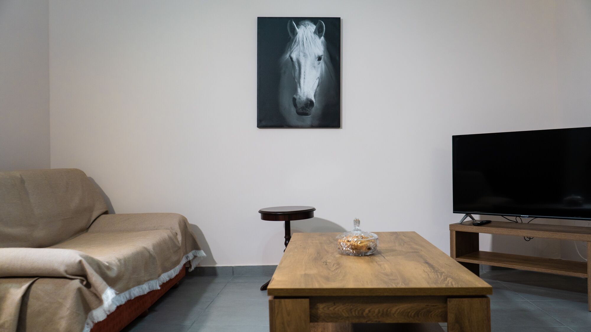 A living room with a sofa, a coffee table with a decorative item, a television on a stand, and a framed picture on the wall.