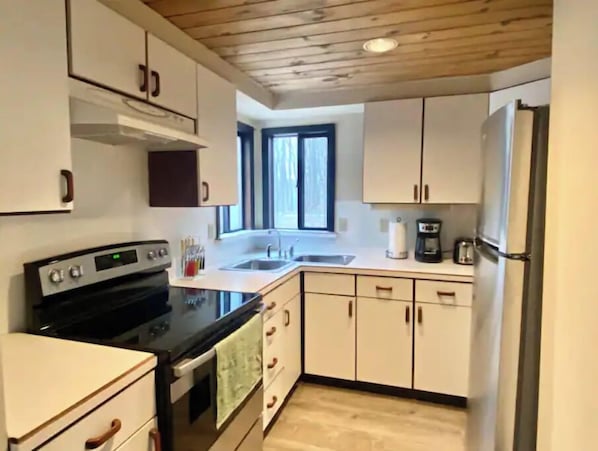 Kitchen with a black stove, sink, and refrigerator, offering ample space for meal preparation.