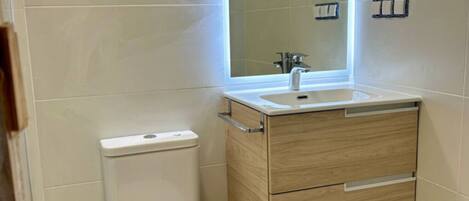 A bathroom with a toilet, a sink, and a mirror.