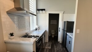 A compact kitchen with a stove, sink, and cabinets, leading to a bathroom. - Newly Renovated "Arctic Rose" Loft in Historic Florence (Florence)