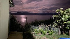 En nattbild av en sjö med en fullmåne, ett staket och lite vegetation.