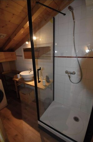 Shower, hair dryer, towels, toilet paper