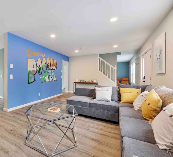 Smart TV, fireplace, video games, foosball