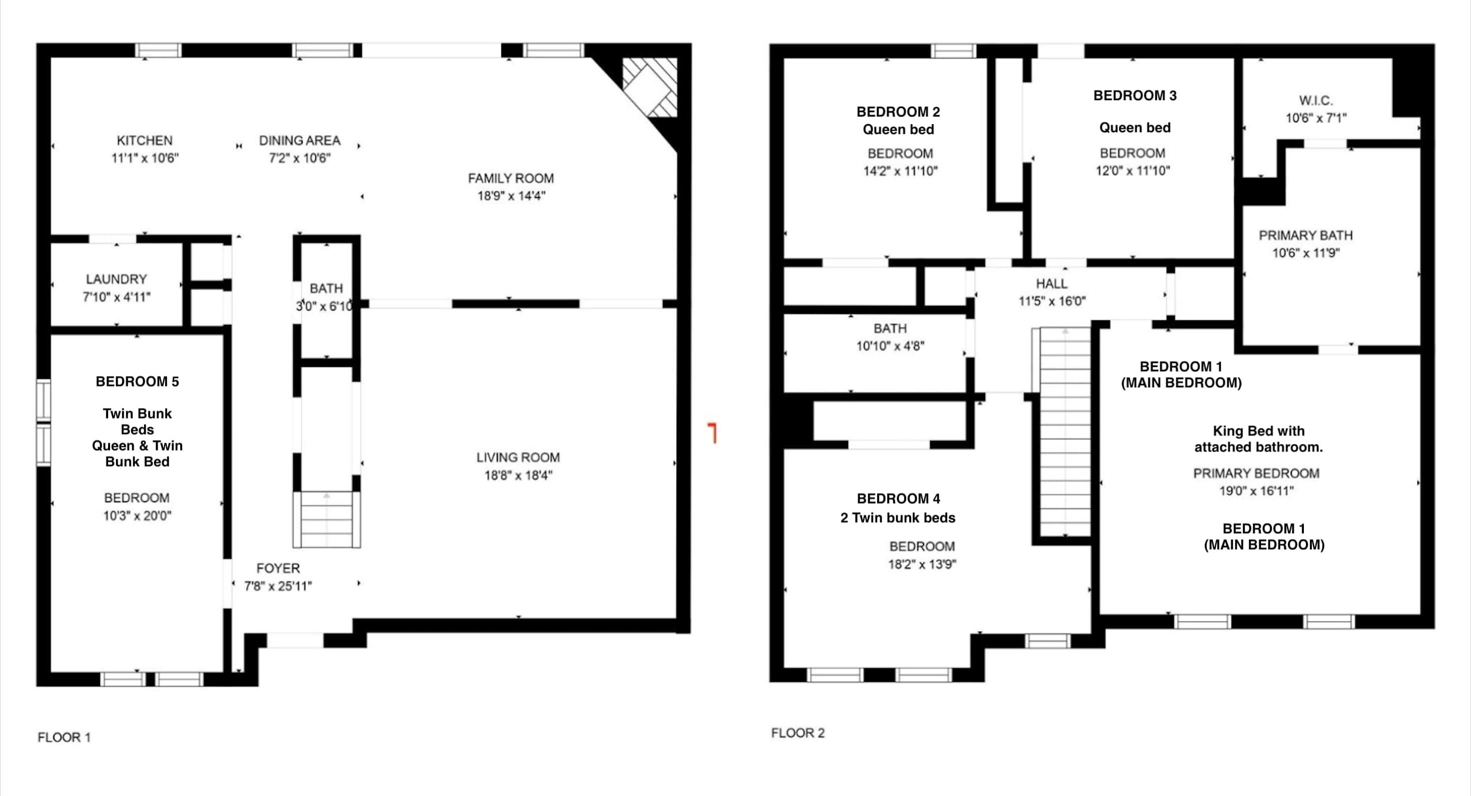 Een plattegrond van een hotel met twee verdiepingen. Elke verdieping heeft een woonkamer, eethoek, keuken en meerdere slaapkamers.