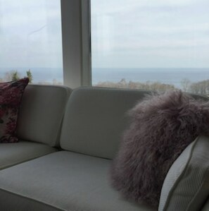 A sofa with a floral pillow and a fluffy pillow, positioned in front of a window with a view of the sea.