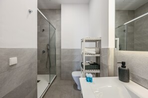 Shower, hair dryer, towels