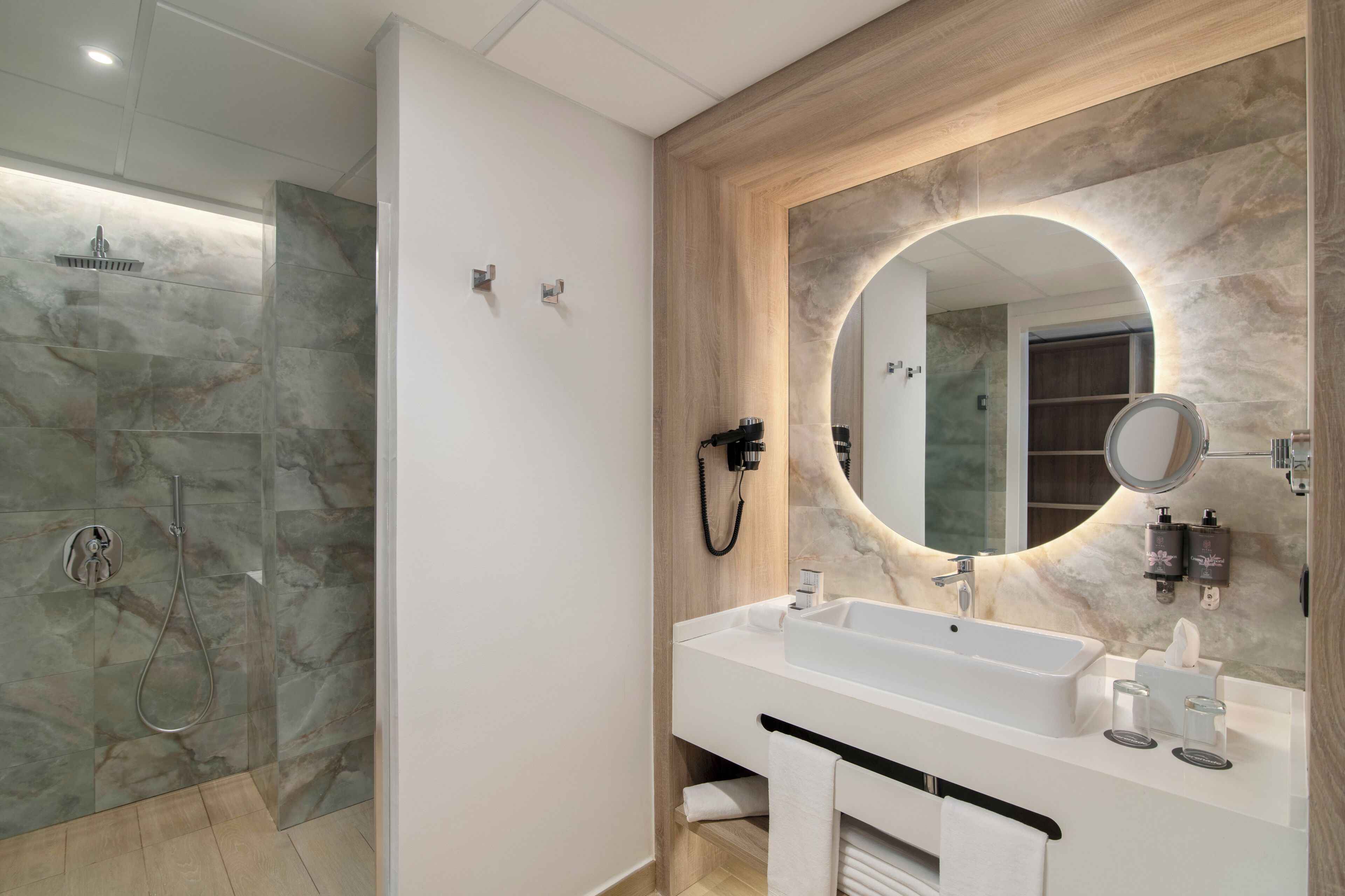 free toiletries, hair dryer, dressing gowns, towels