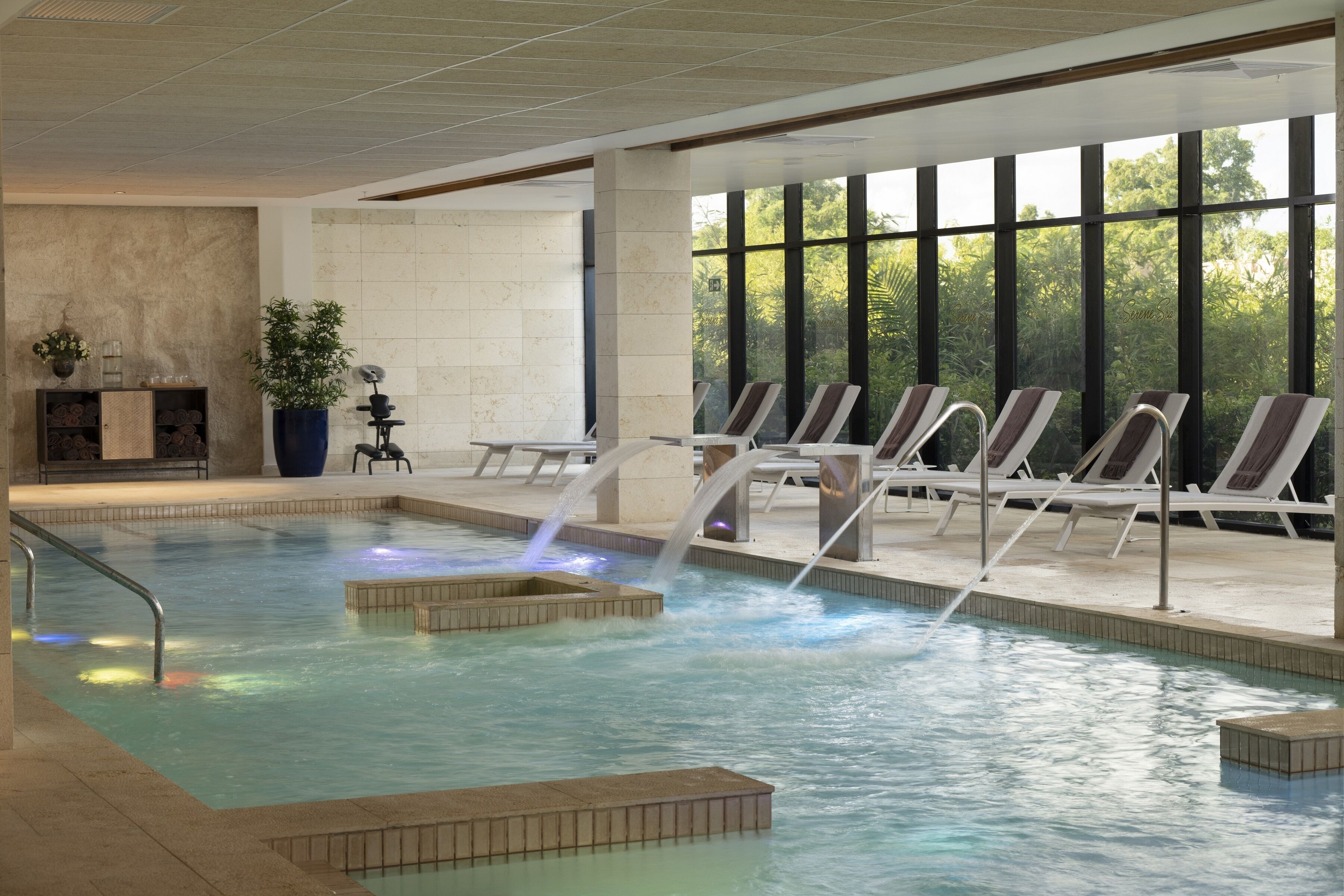 Une piscine dotée de chaises longues, d’un élément décoratif aquatique et de grandes fenêtres offrant une vue sur la verdure.