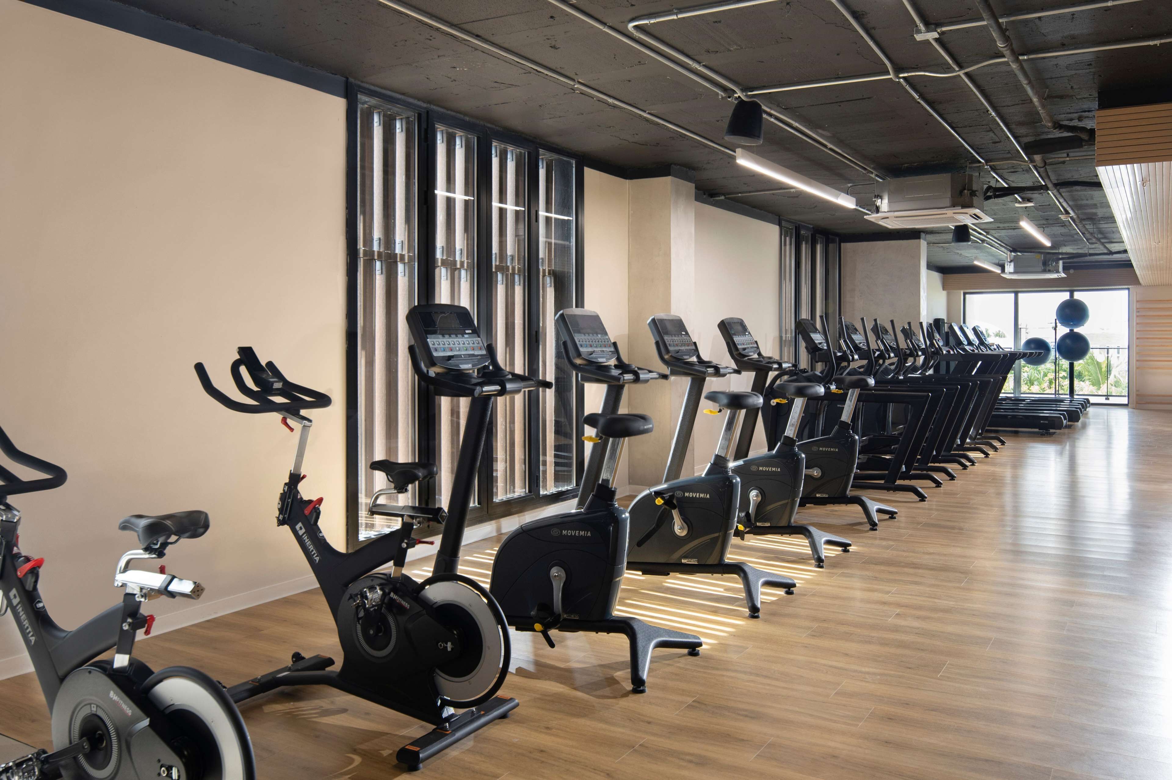 A gym with rows of stationary bikes and treadmills, large windows, and a wooden floor.