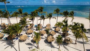 Una playa con palmeras, sombrillas de paja y sillas de descanso.