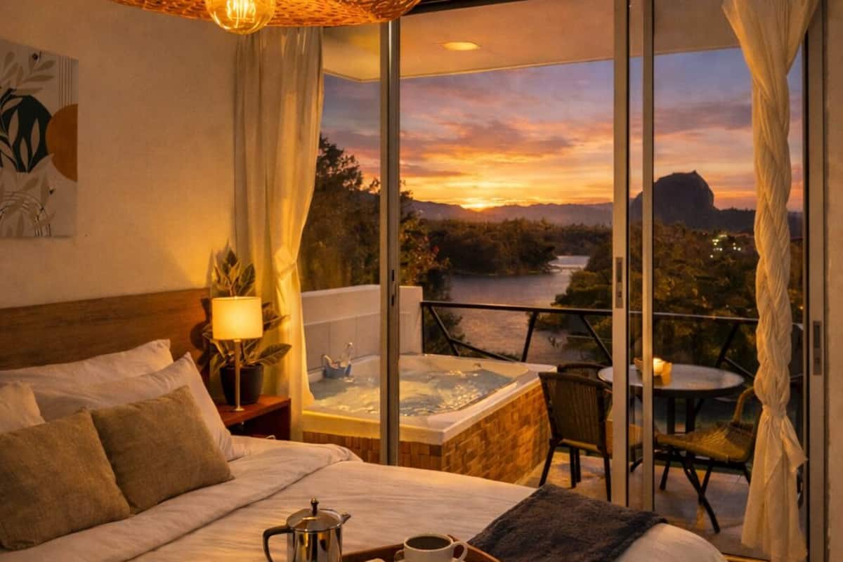 A hotel room with a large bed, a hot tub, a dining area with a table and chairs, and a view of a sunset over a body of water.