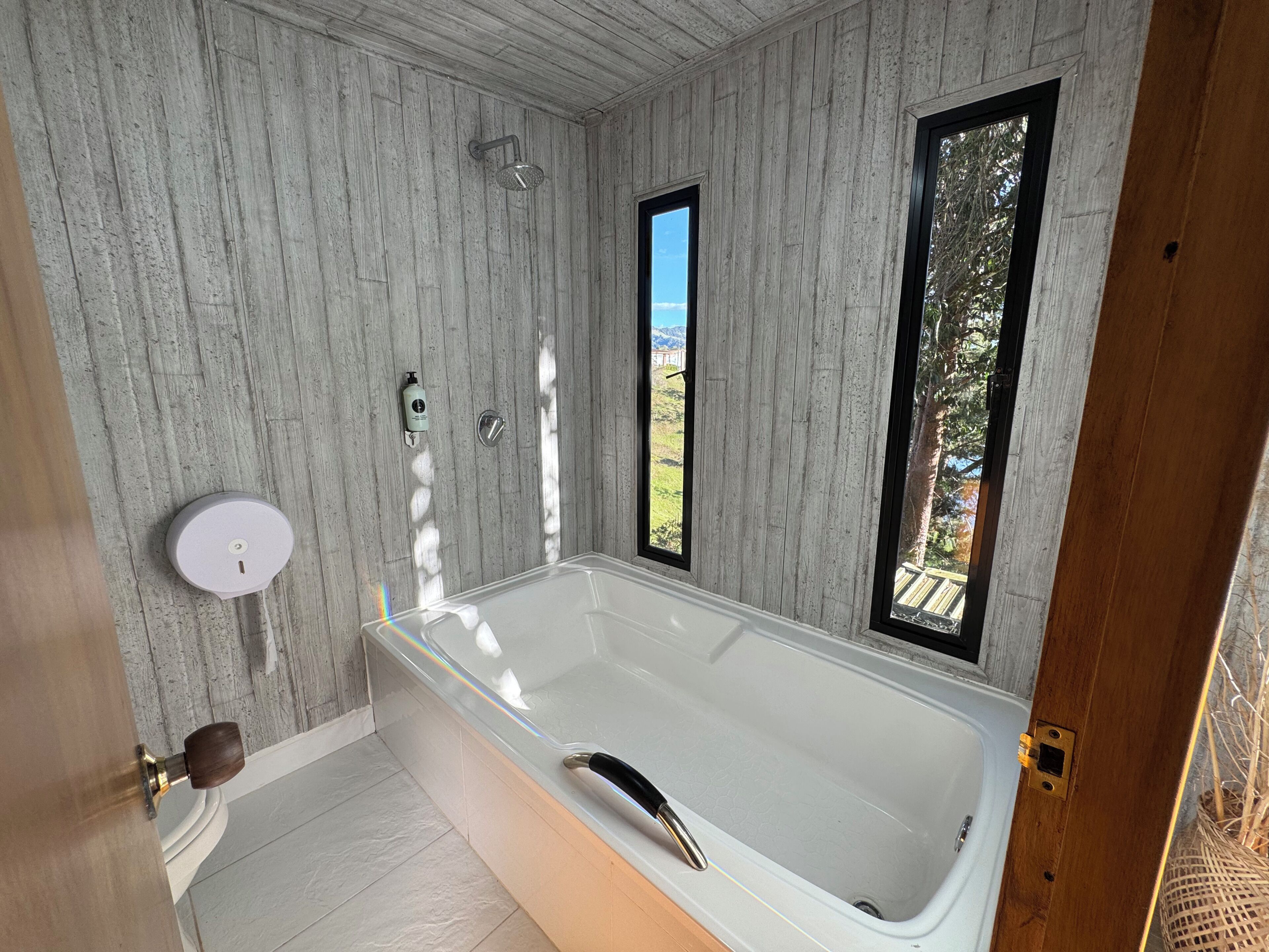 A bathroom with a bathtub, a showerhead, and a window.