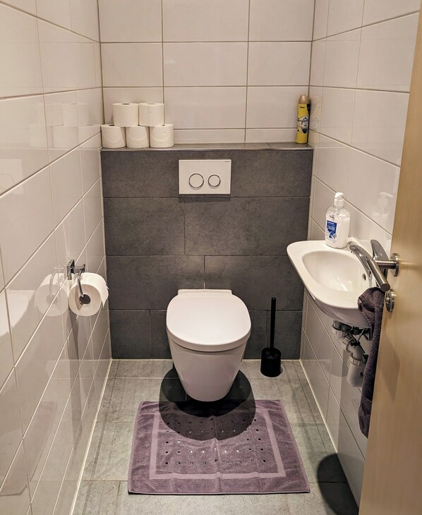A bathroom with a toilet, sink, and towel rack.