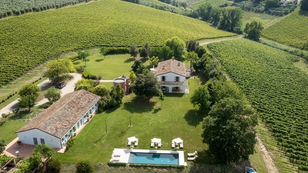 A large estate with a swimming pool, multiple buildings, and expansive vineyard fields. - La Casa nei Vigneti 10, Emma Villas (Catignano)