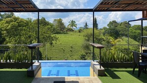 Piscina com vista para uma encosta verde.