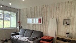 Una sala moderna con un sofá gris, un mueble de madera y un radiador.