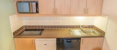 A compact kitchen with a dishwasher, a stove, and a sink.