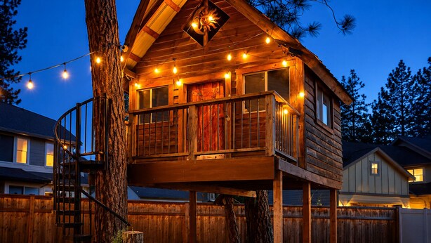A wooden cabin with a balcony, string lights, and a tree trunk. - Family Retreat | Treehouse + Game Room | Near Silverwood (Post Falls)