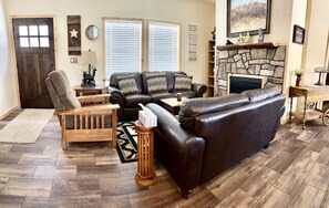 Smart TV, fireplace, video games, DVD player