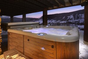 Un bain à remous doté d’un panneau de commande numérique, d’un revêtement extérieur en bois et offrant une vue sur un paysage montagneux enneigé.