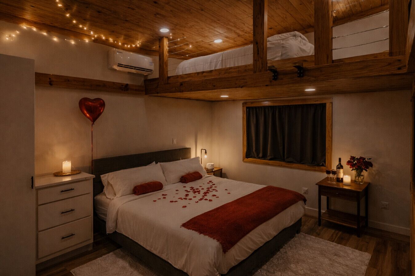 A cozy bedroom with a bed, bedside tables, a window, and a small table with a candle and flowers.