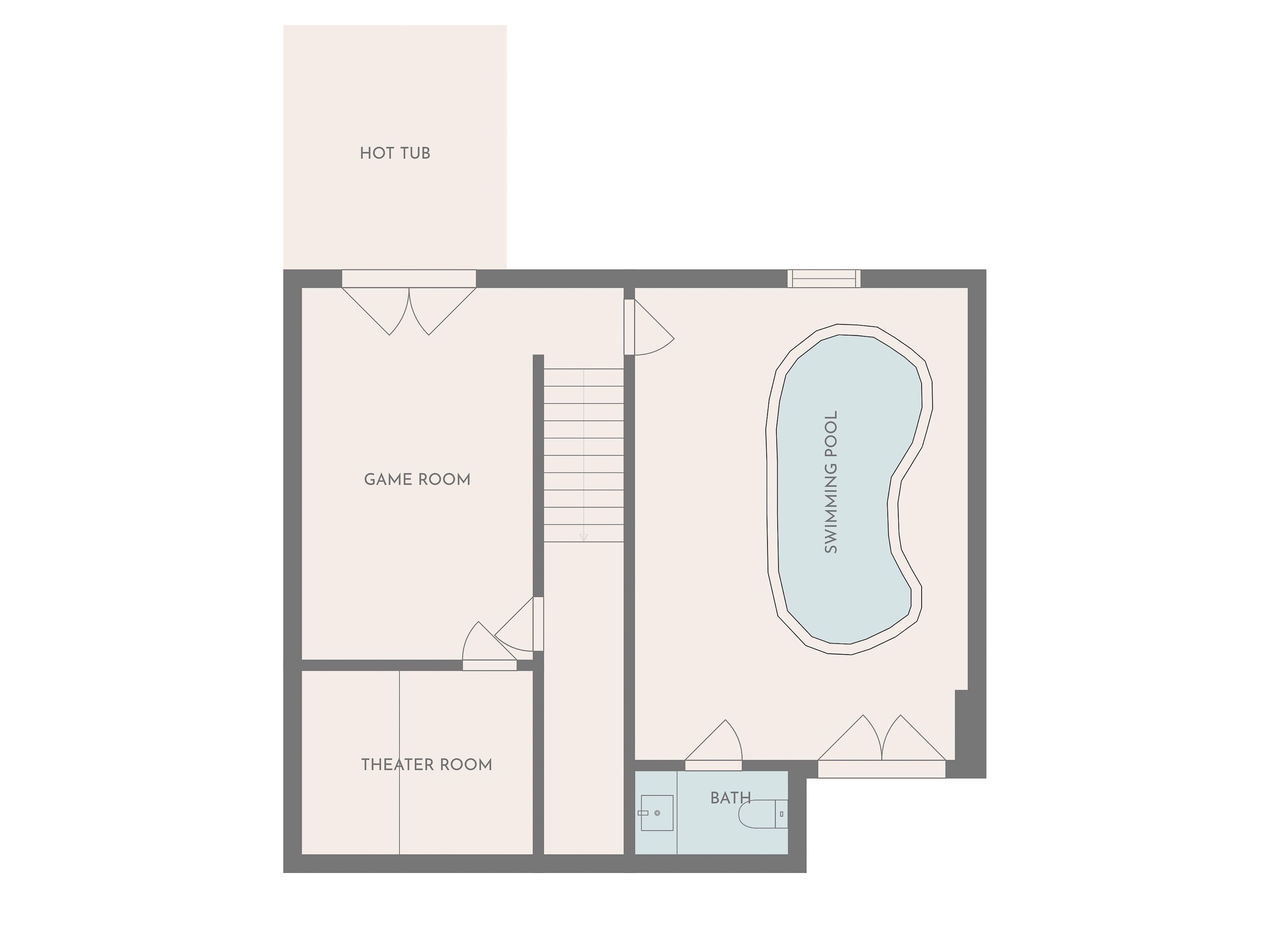 En planritning som visar ett hus med bubbelbadkar, spelrum, pool, hemmabio och badrum.