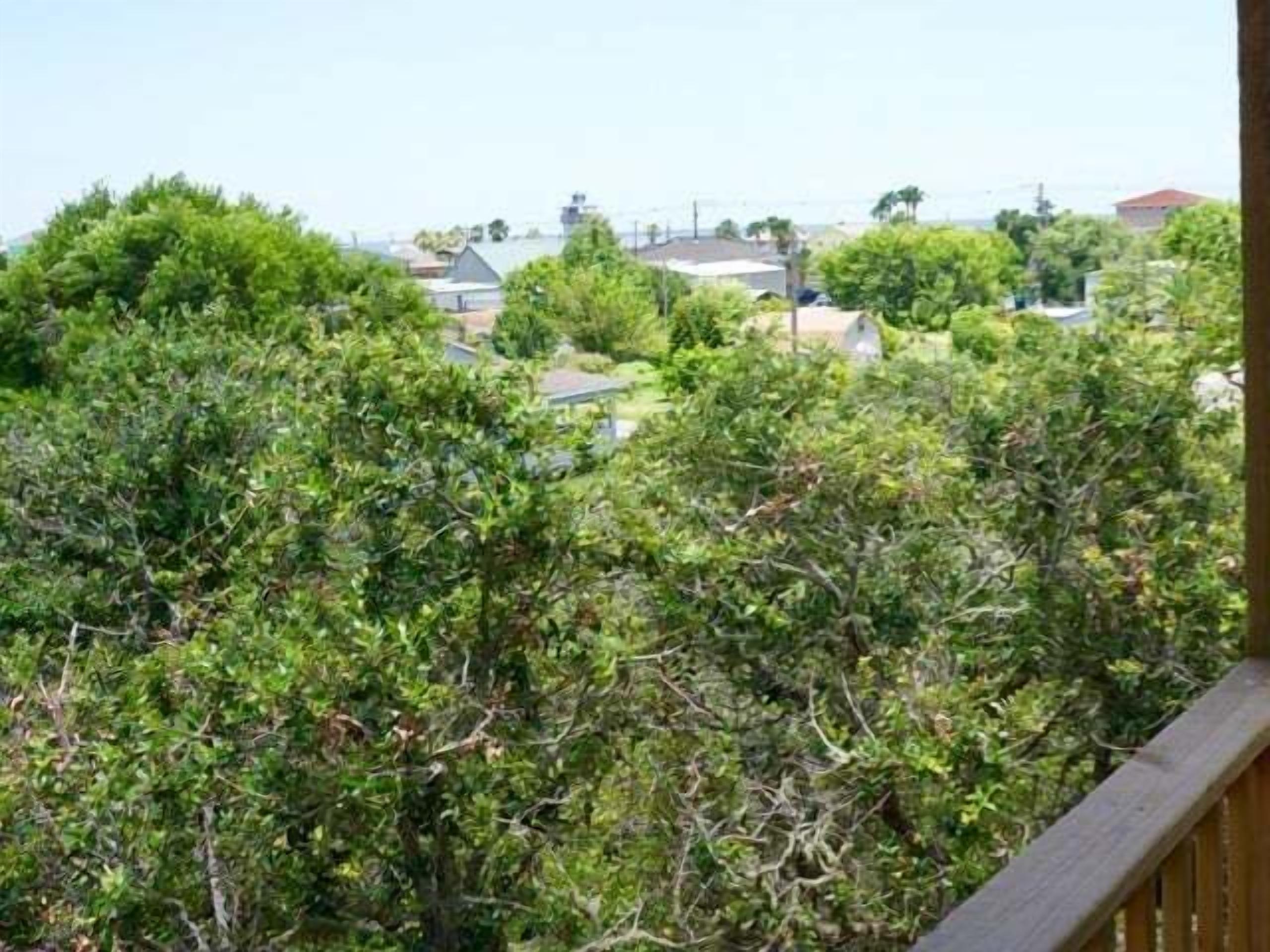 Vista desde un balcón con vistas a una zona residencial, con abundante vegetación y casas al fondo.