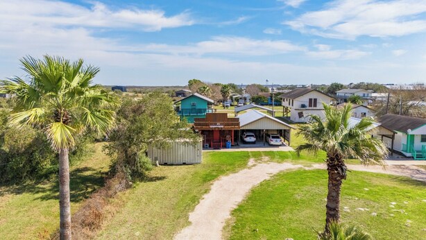 A residential area with houses, a dirt path, and palm trees.
