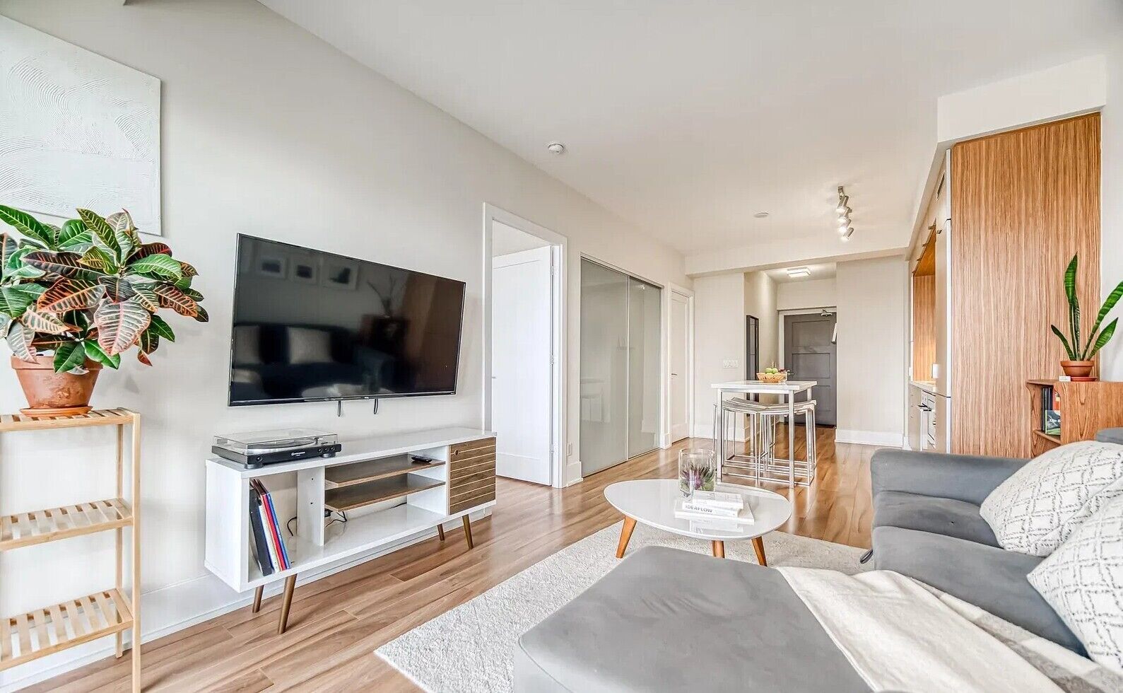 A modern living room with a flat-screen TV, a grey sofa, a coffee table, and a bookshelf.