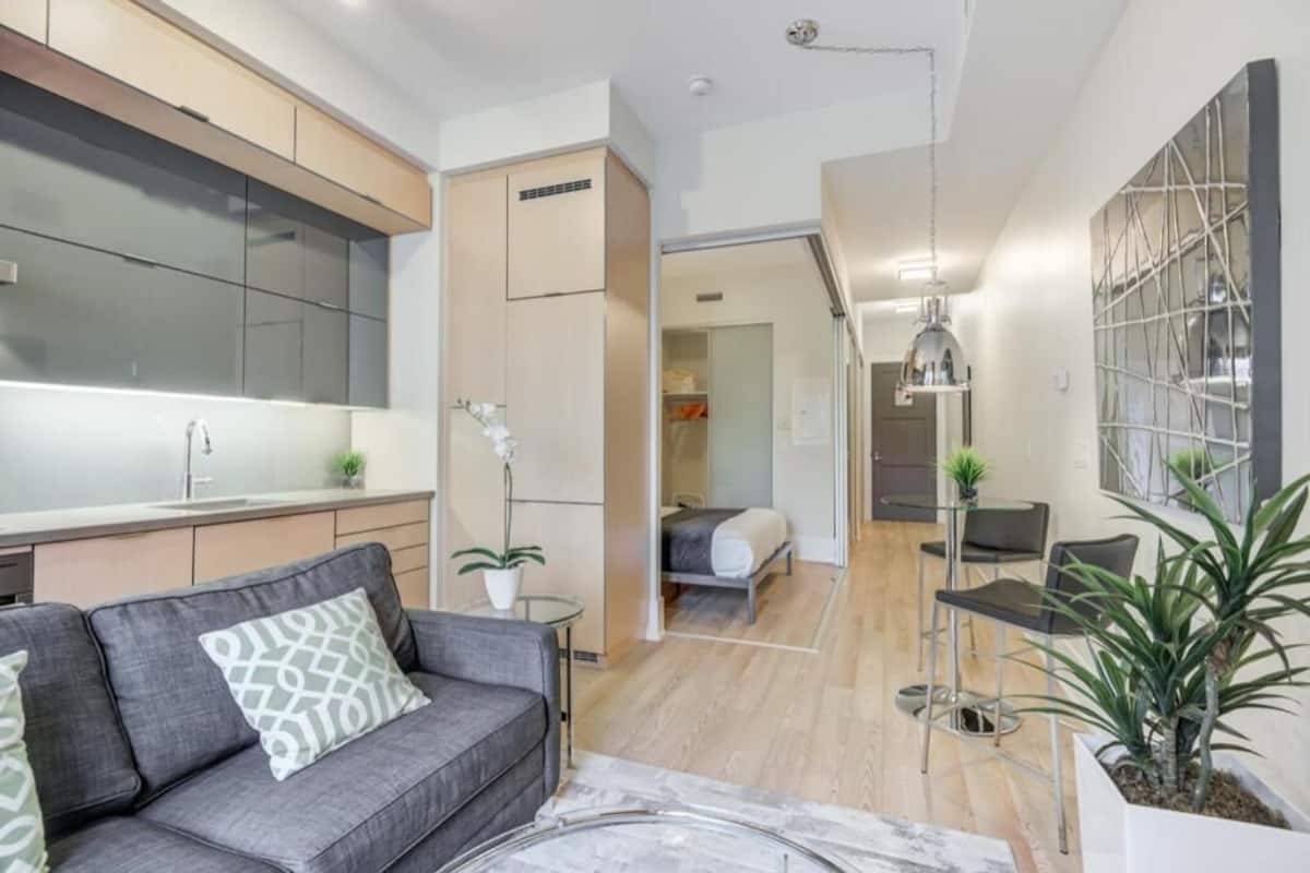 A modern, compact living space with a grey sofa, a small round table, and a potted plant.