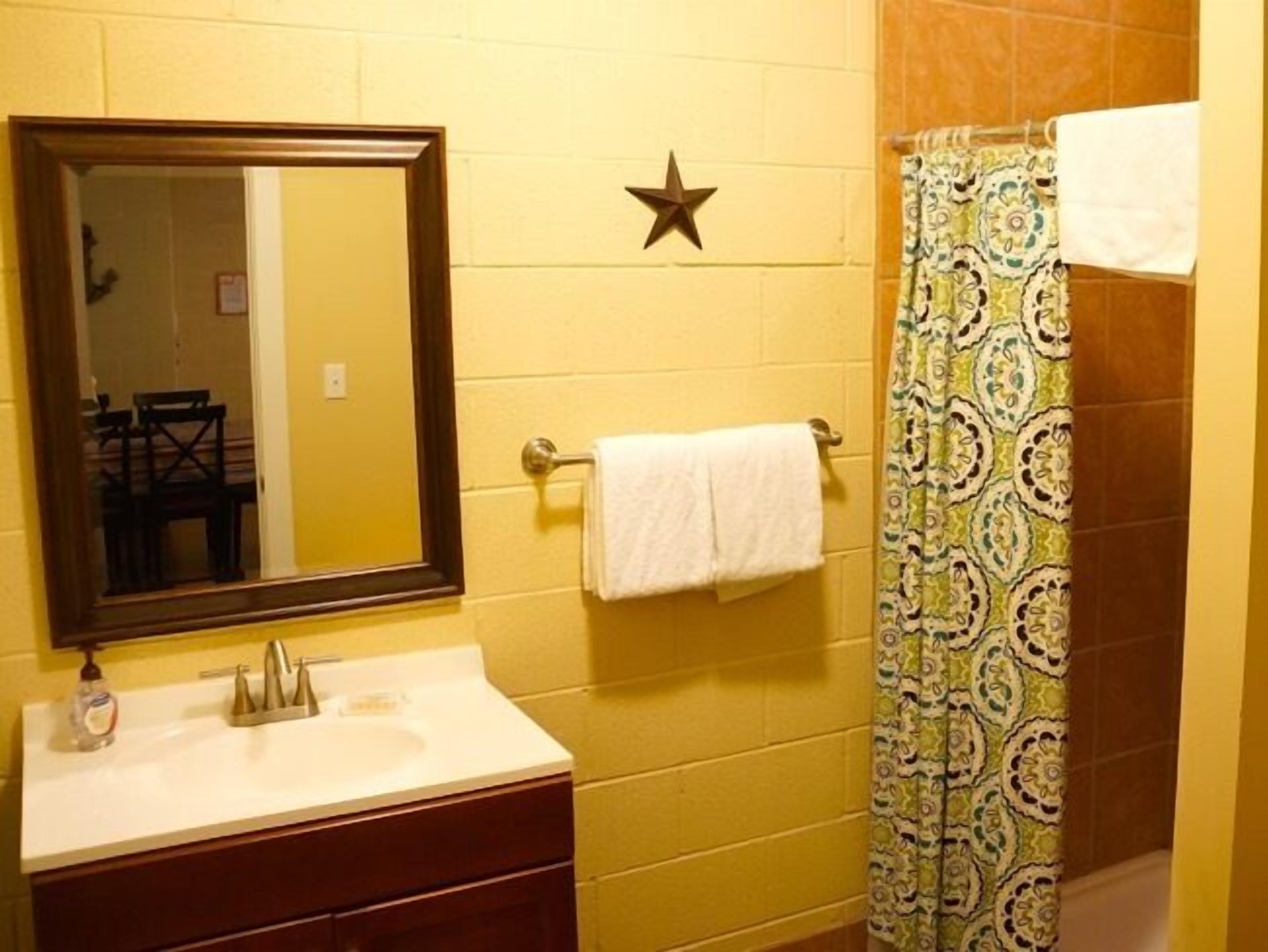 A bathroom with a sink, mirror, towel rack, and shower curtain.