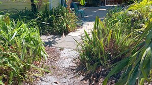 Ein Weg führt zu einem Haus, umgeben von üppiger Vegetation und einem Holzzaun.