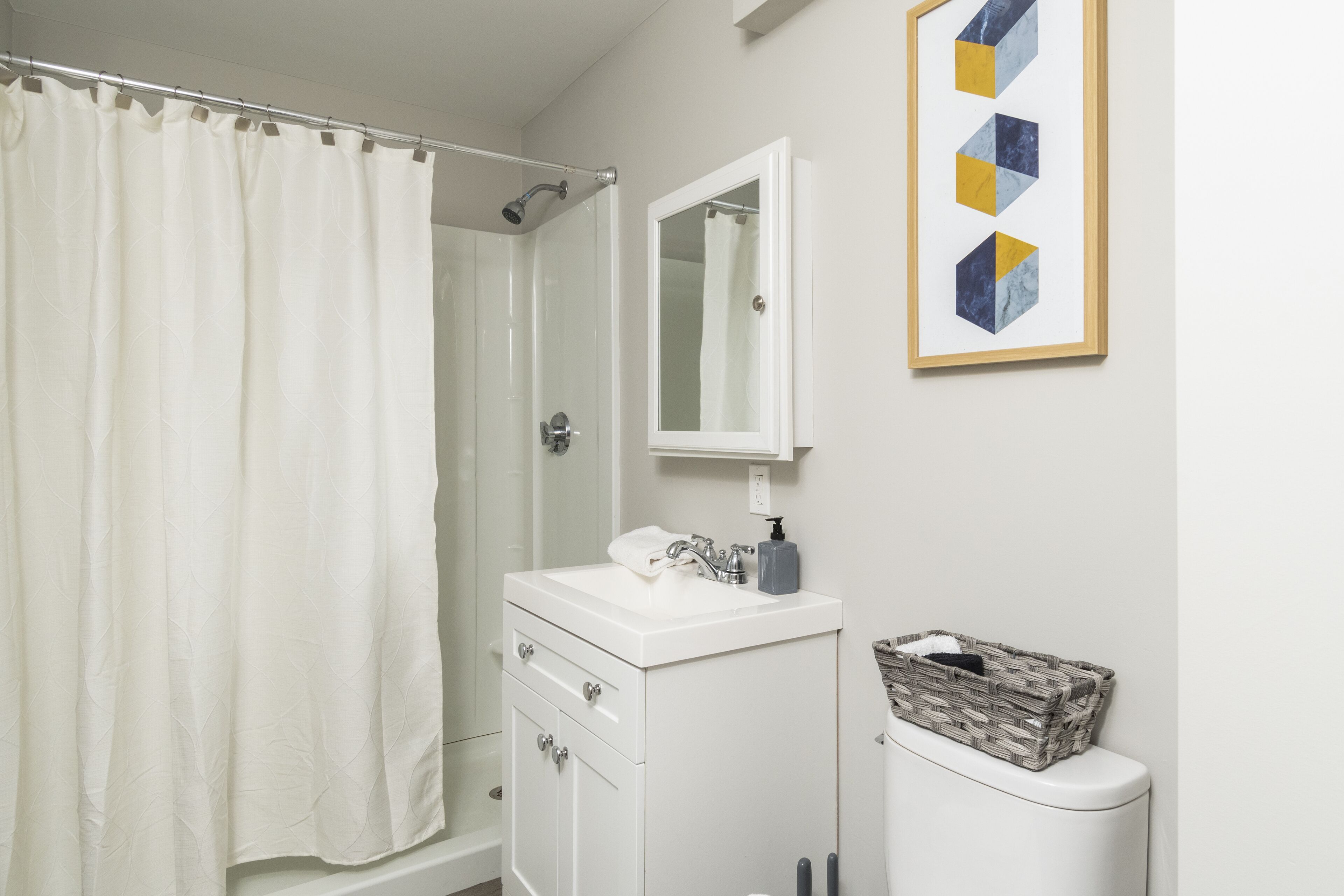 A bathroom with a shower, a sink, a mirror, and a framed artwork on the wall.