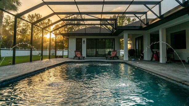 A swimming pool with a covered patio area, chairs, and a view of the sunset. - Spacious & Private Guest Pool House Oasis (Orlando)
