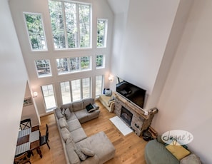 Smart TV, fireplace, ping pong, books