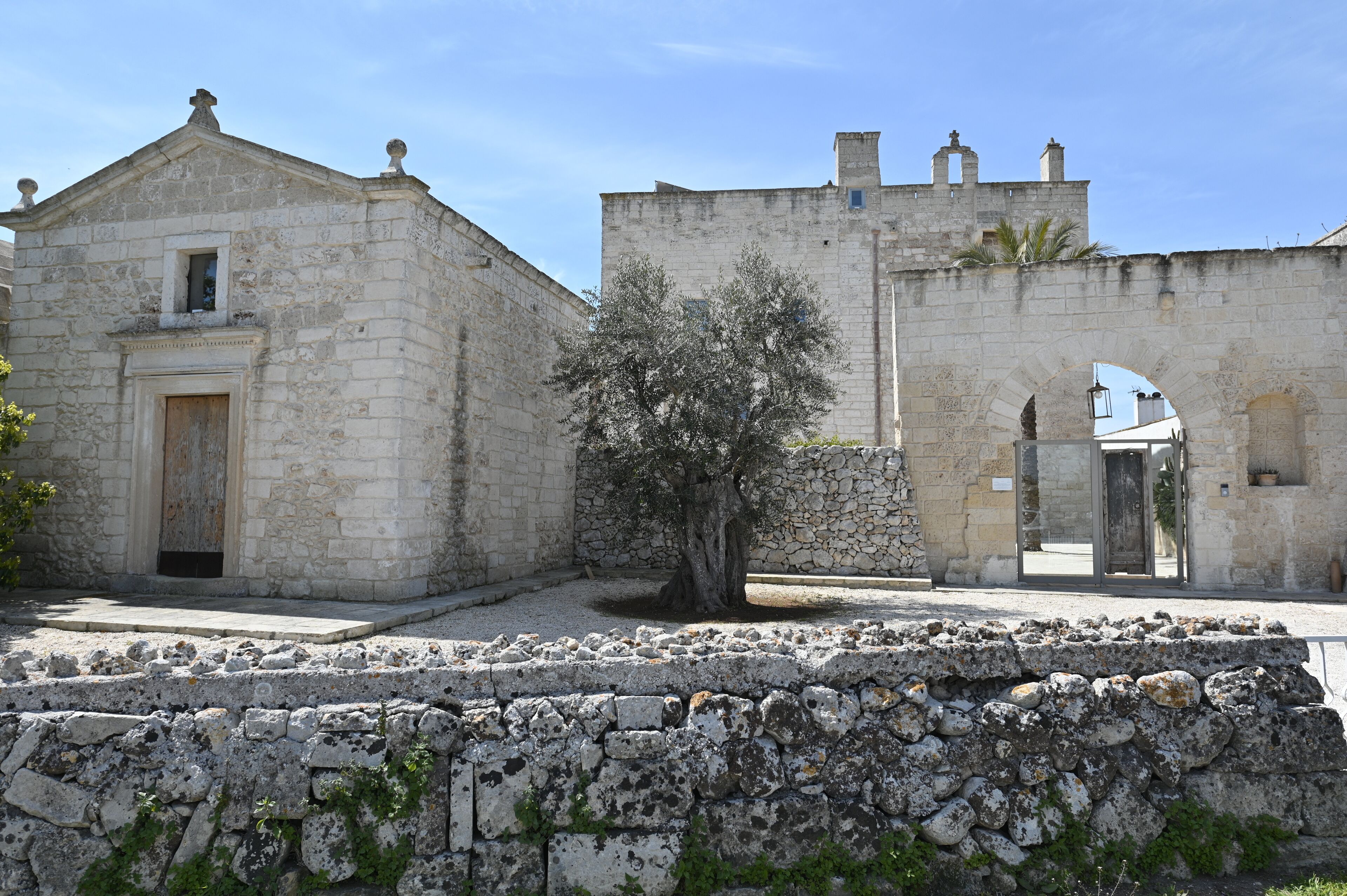 Un edificio de piedra con una puerta de madera y un árbol en primer plano.