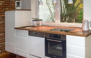 Fridge, stovetop, dishwasher, coffee/tea maker