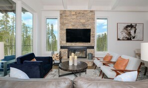 TV connectée, cheminée, chaîne hi-fi