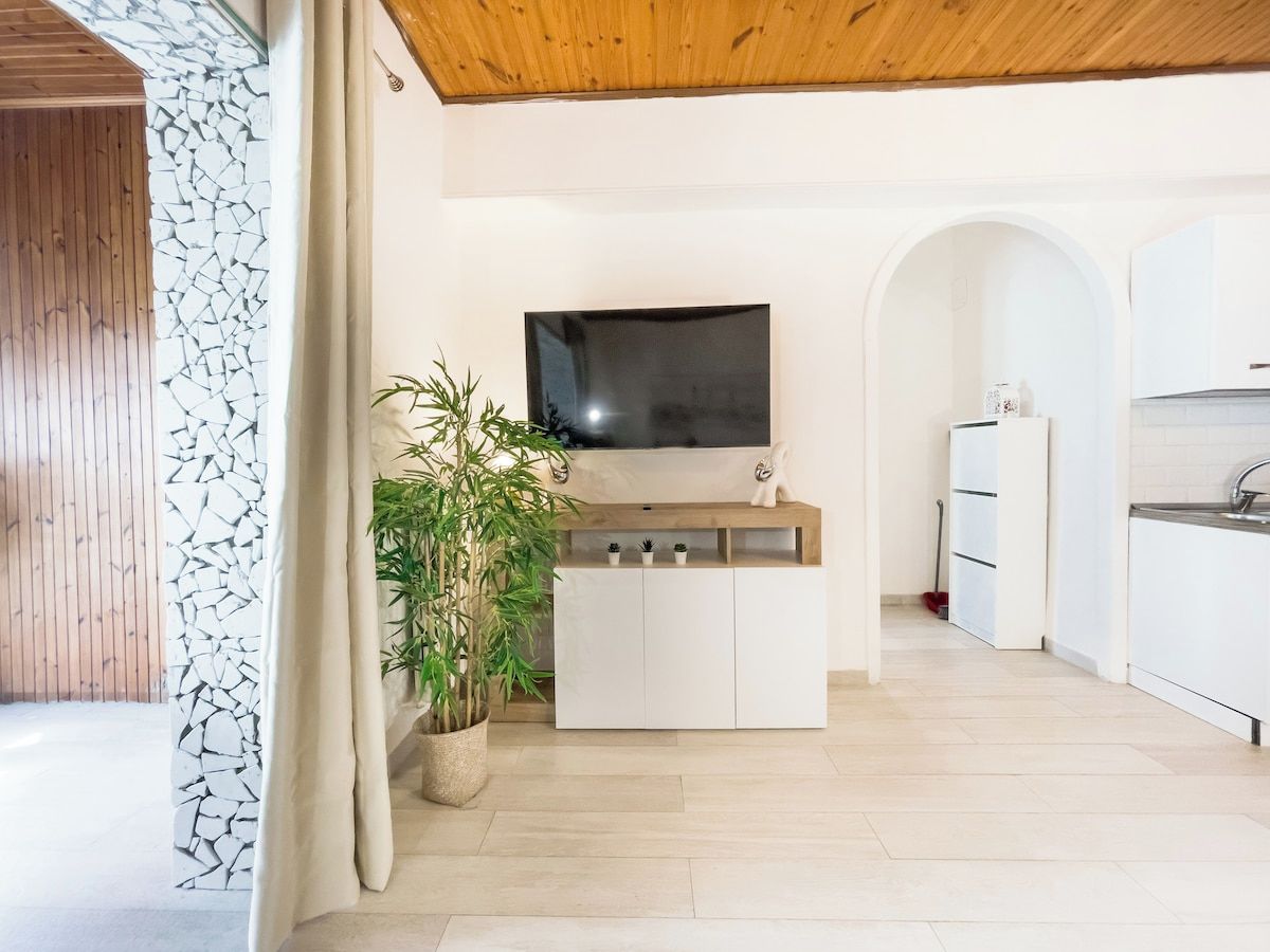 Un salon moderne doté d’un téléviseur à écran plat, d’un plafond en bois, d’un coin cuisine avec des meubles blancs et d’une grande plante en pot.