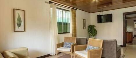 Una sala de estar con techo de madera, un sofá, dos sillones, un televisor y una planta.