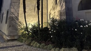 Ein Gebäude mit einer Steinauffassade, einer Palme und einem Blumenbeet.