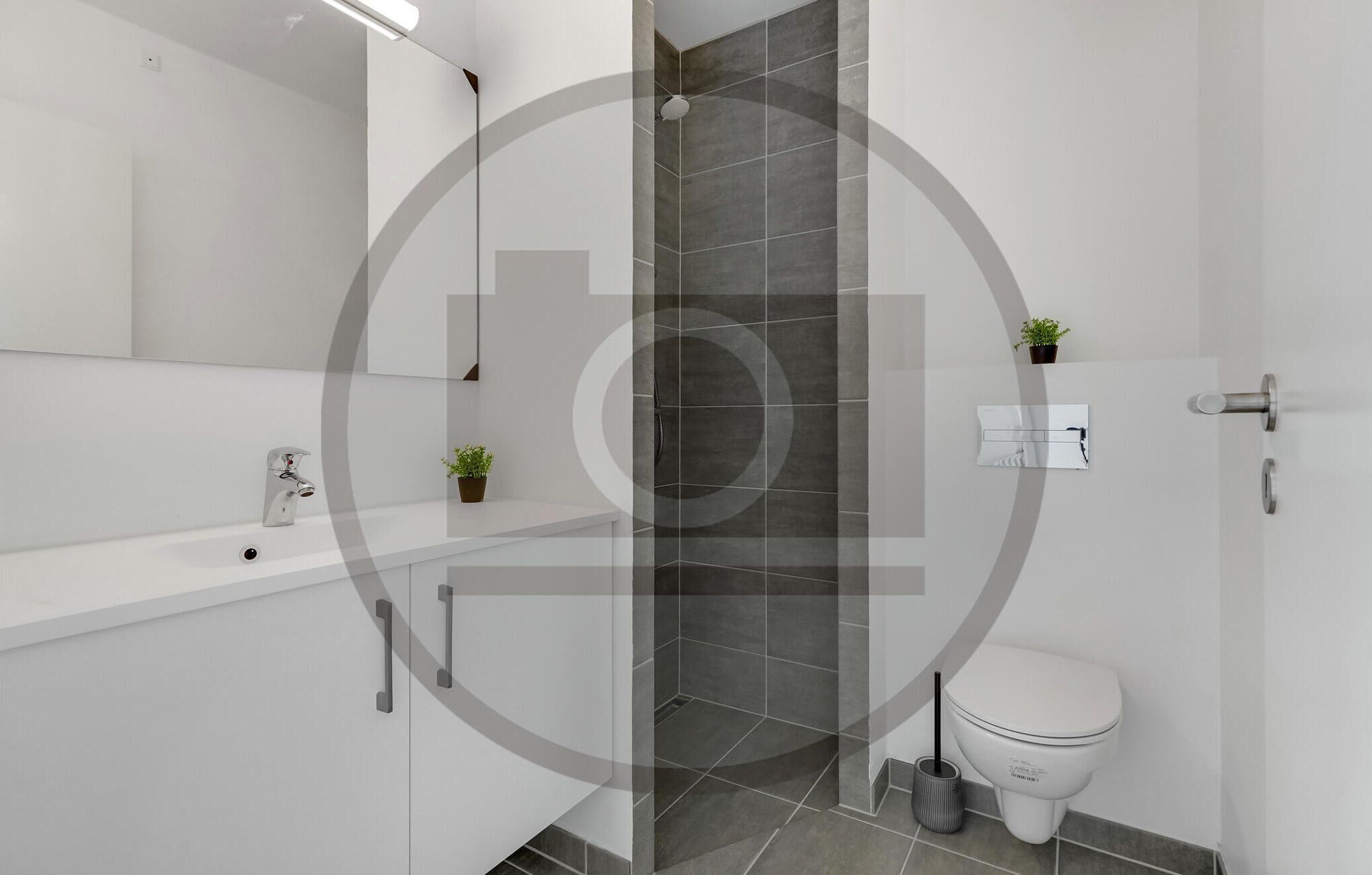 A modern bathroom with a white vanity, a mirror, a shower area, and a toilet.