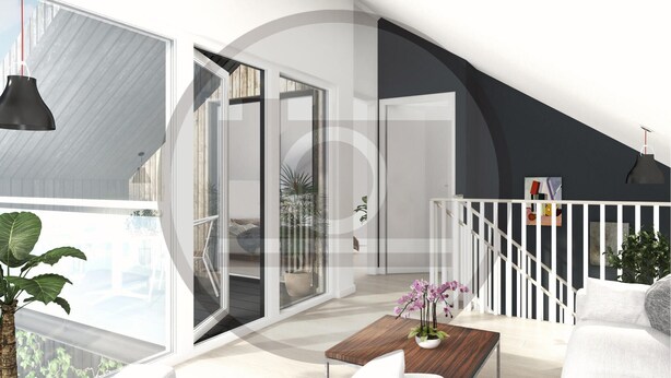 Un salon moderne doté d’une grande porte-fenêtre coulissante donnant sur un balcon, d’un escalier blanc et offrant une vue sur l’extérieur.