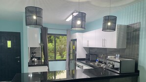 A modern kitchen with black countertops, stainless steel appliances, and three pendant lights. - NEWLY RENOVATED Ocean Front 2 bedroom/ 2 bath, pristine water, divers paradise. (Kralendijk)