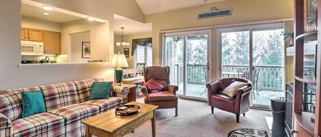 TV, fireplace, books, music library