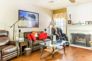 Smart TV, fireplace, video games, DVD player