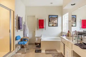 Shower, eco-friendly toiletries, hair dryer, towels