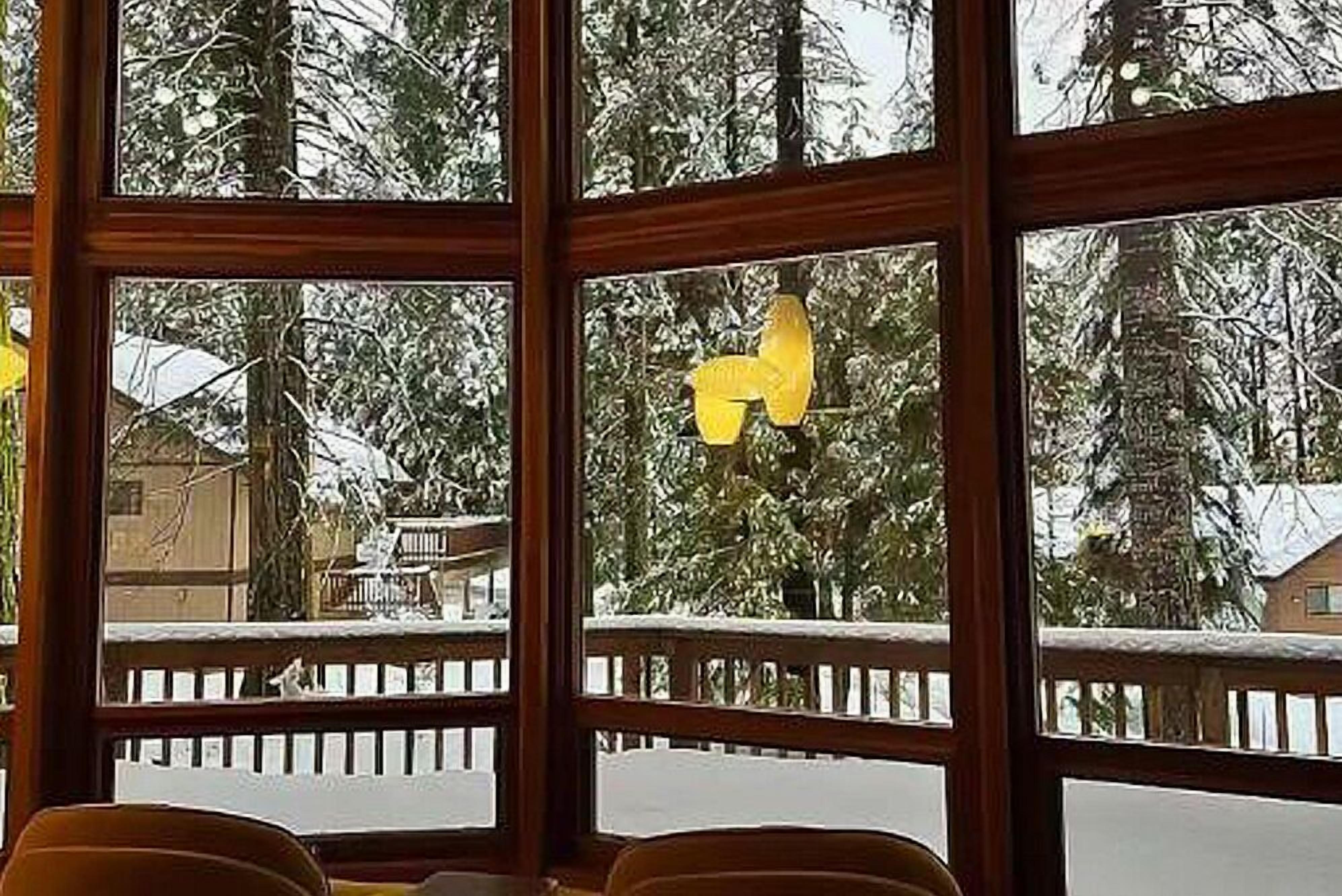 Une pièce dotée de grandes fenêtres, d’une balustrade en bois et offrant une vue sur des arbres couverts de neige.