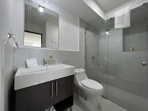 Shower, hair dryer, towels, soap